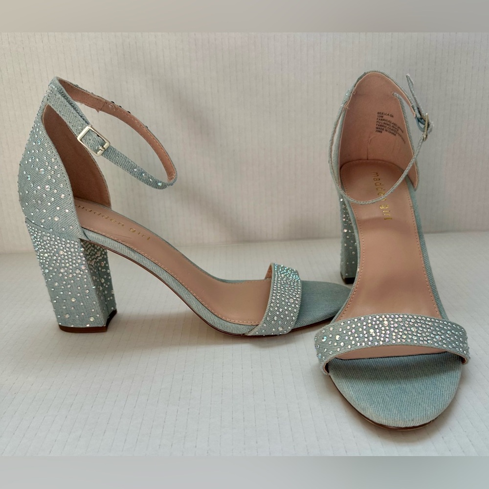 Madden Girl Beella Denim (Jean) Rhinestone Block Heels - Size: 10M - Open Toe